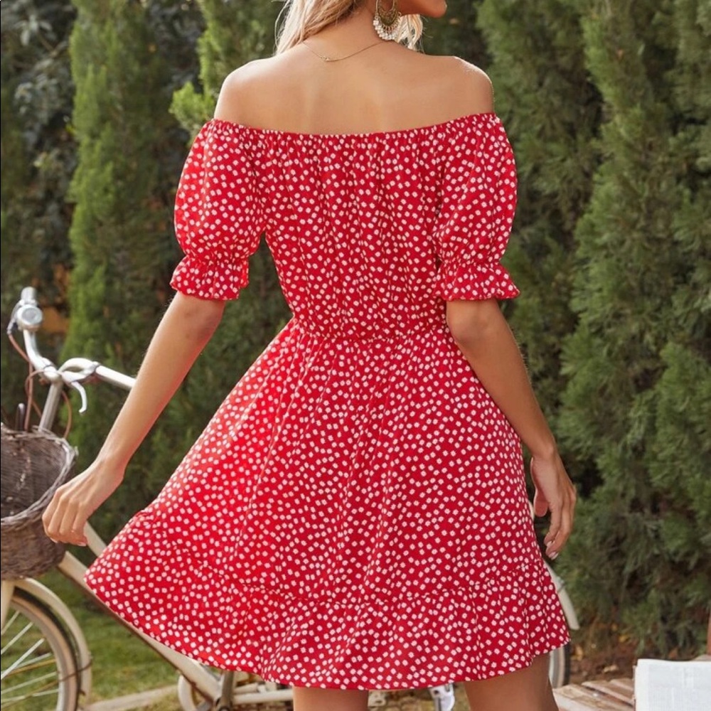 Polka dot off shoulder ruffle hem mini dress - Picture 2 of 7